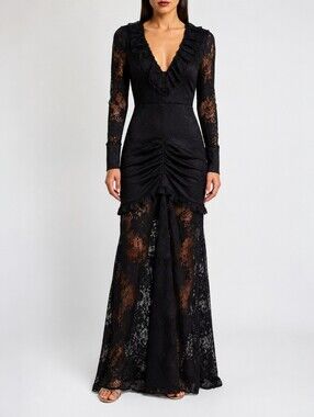 Alexis Lucasta Lace Gown Black Sheer Ruffle Gothic Dark Romantic Maxi Dress S